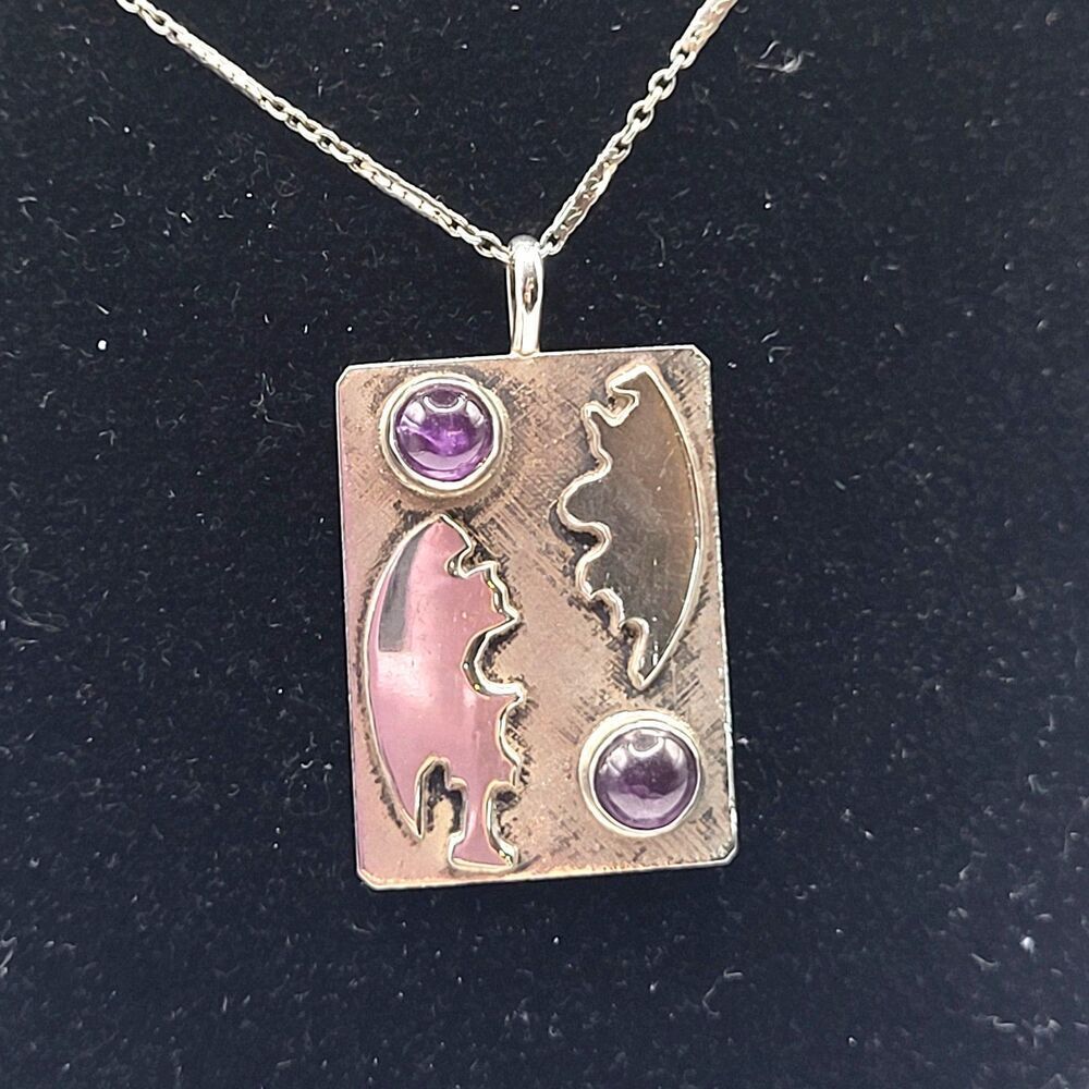 Vintage Mid-Century Modernist Sterling Silver & Amethyst Necklace Signed 14in